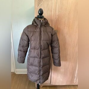 Lands’ End Down Parka long zip Puffer Coat Chocolate Brown Detachable Hood Small